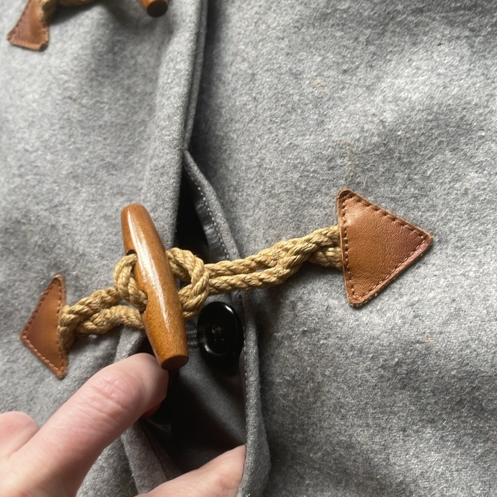 J. Crew Gray Wool Toggle Hooded Cape Coat with Tan Leather Accents - Picture 7 of 12